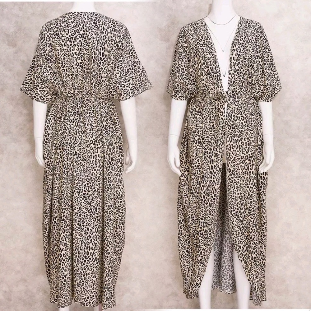 New Bohemian Leopard Kimono Duster Jacket Robe Swim Cover Up Wrap - Picture 17 of 17